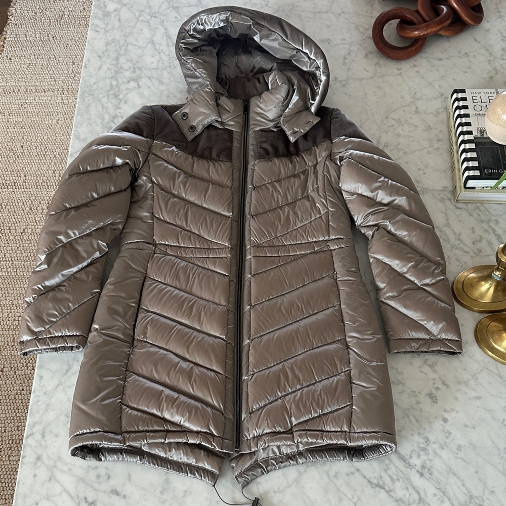 Belle by Badgley Mischka Metallic Taupe Down Puffer Jacket